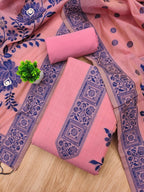 Pink Cotton Blend Dress Material with Floral Patterns and Jamdani Woven Detailing