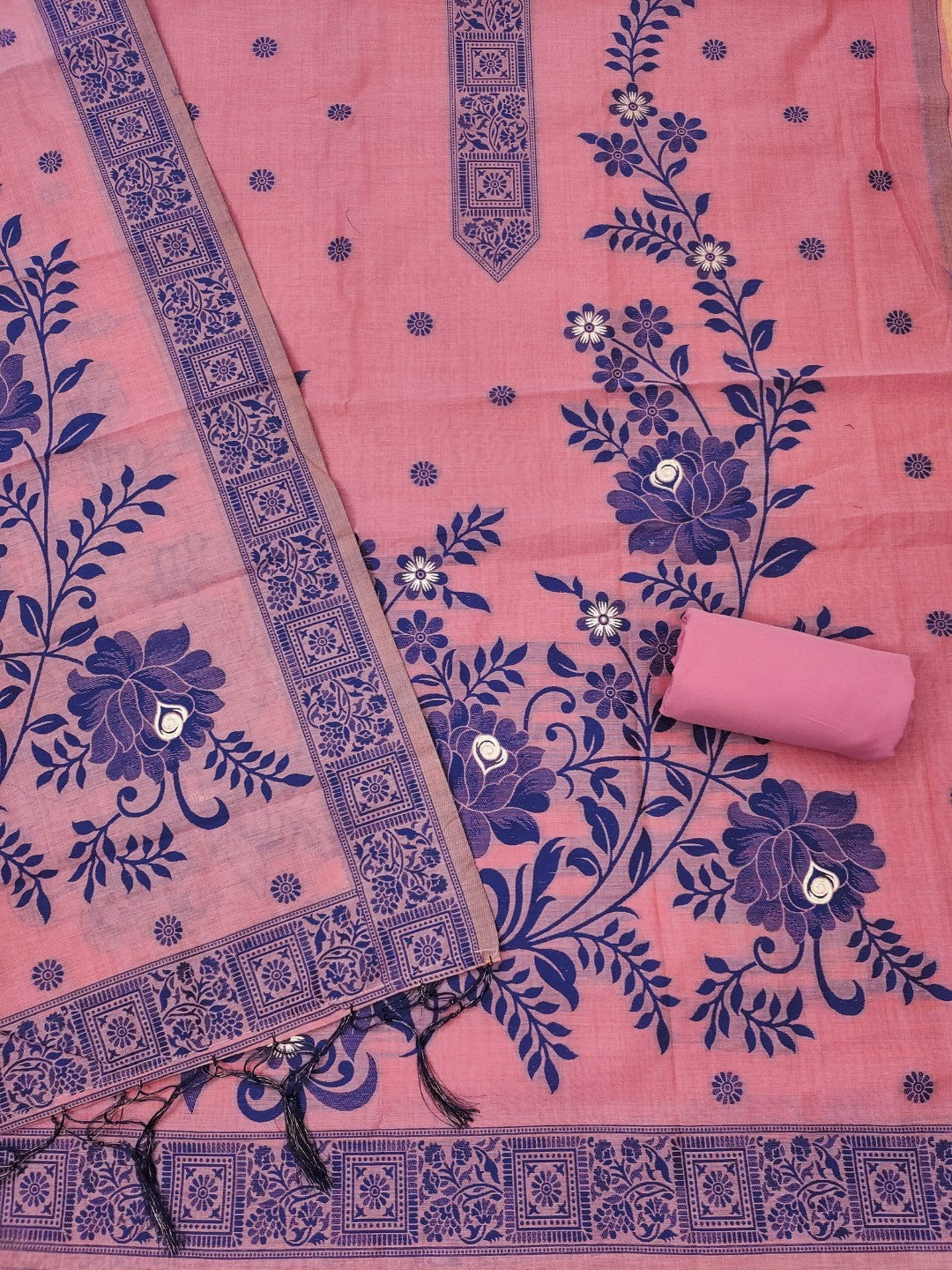 Pink Cotton Blend Dress Material with Floral Patterns and Jamdani Woven Detailing