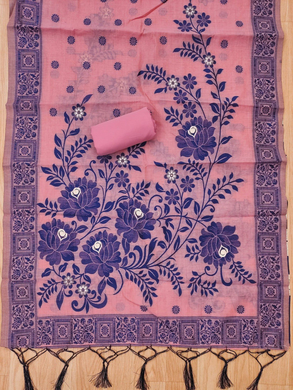Pink Cotton Blend Dress Material with Floral Patterns and Jamdani Woven Detailing