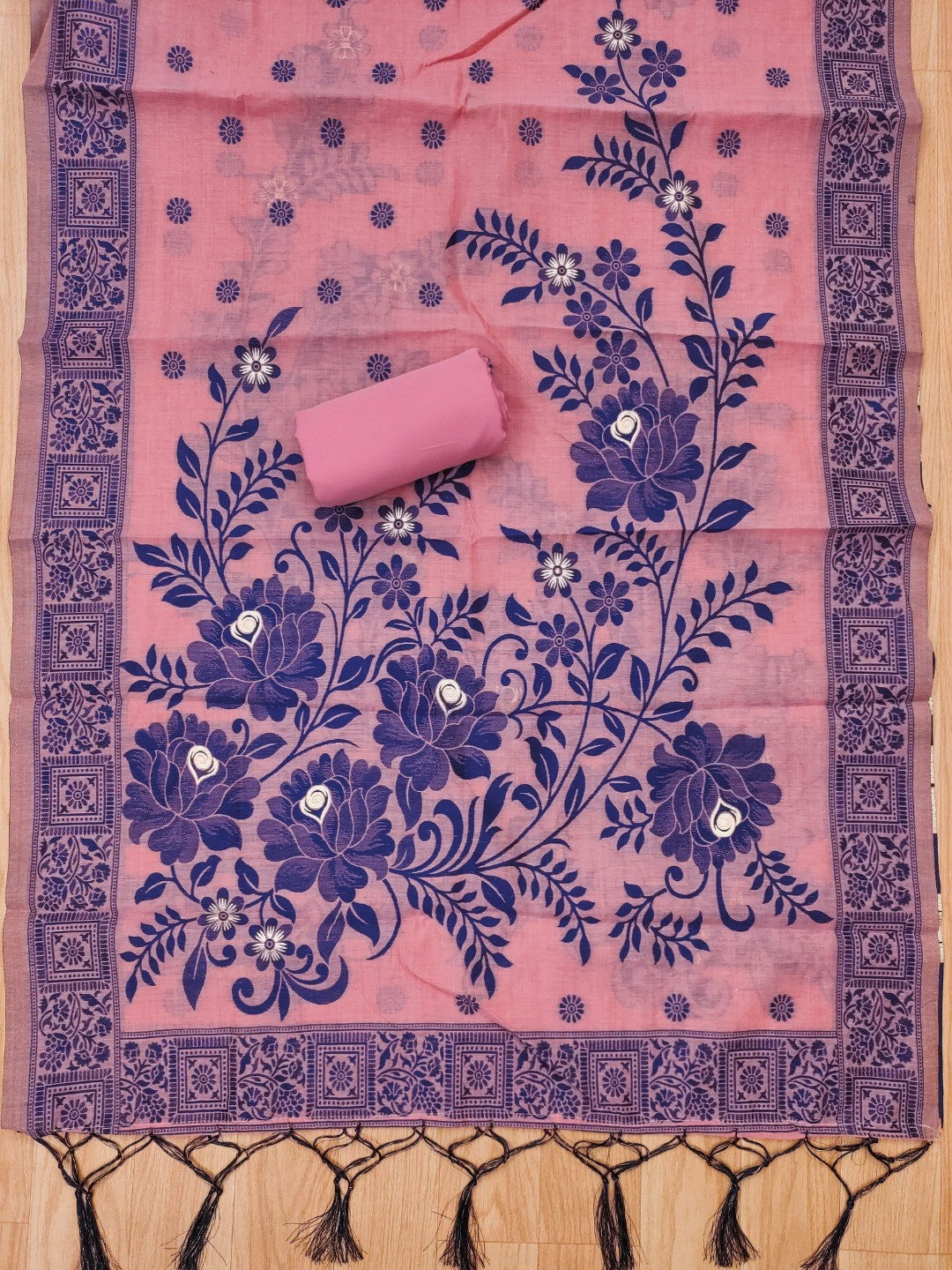 Pink Cotton Blend Dress Material with Floral Patterns and Jamdani Woven Detailing