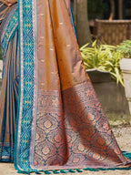Graceful Brown Paisley & Floral Design Zari Work Silk Blend Saree With Attractive Tassels Pallu