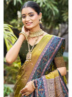 Graceful Mehendi Green Paisley & Floral Design Zari Work Silk Blend Saree With Attractive Tassels Pallu