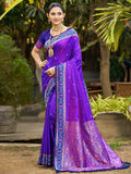 Graceful Violet Paisley & Floral Design Zari Work Silk Blend Saree With Attractive Tassels Pallu