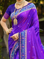 Graceful Violet Paisley & Floral Design Zari Work Silk Blend Saree With Attractive Tassels Pallu
