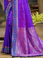 Graceful Violet Paisley & Floral Design Zari Work Silk Blend Saree With Attractive Tassels Pallu