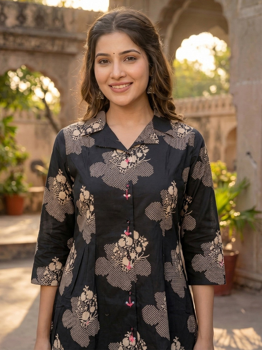 Black Pure Cotton A-Line Top and Bottom Set with Subtle Floral Prints