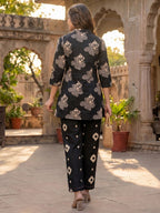 Black Pure Cotton A-Line Top and Bottom Set with Subtle Floral Prints