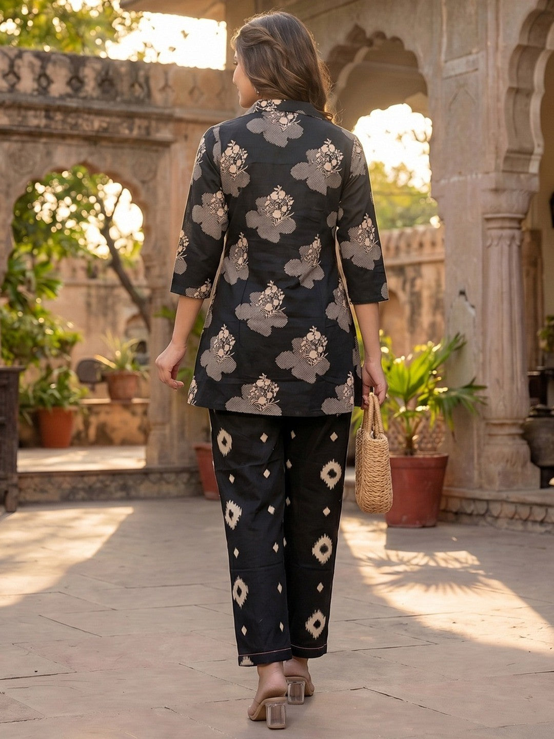 Black Pure Cotton A-Line Top and Bottom Set with Subtle Floral Prints