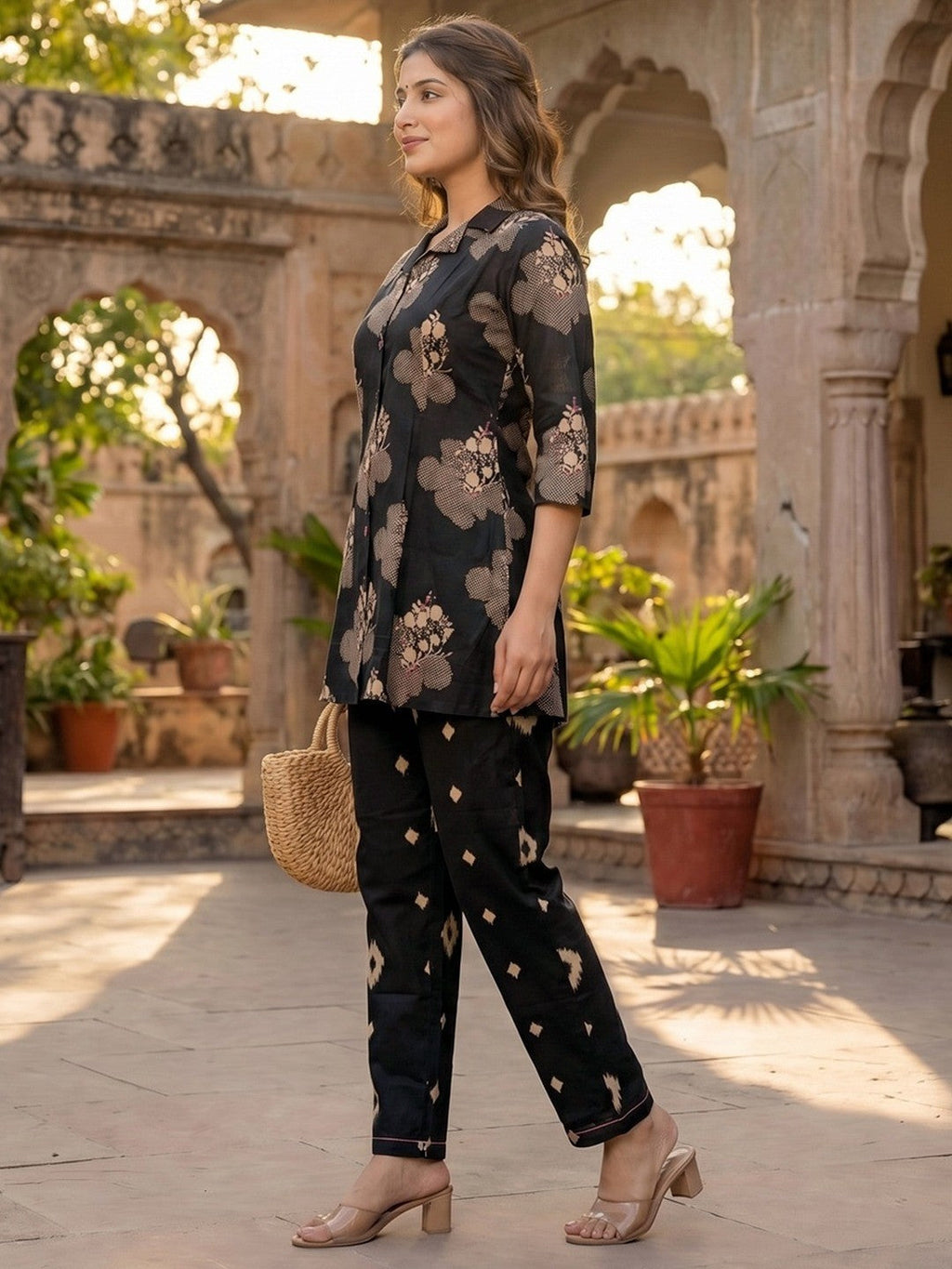 Black Pure Cotton A-Line Top and Bottom Set with Subtle Floral Prints