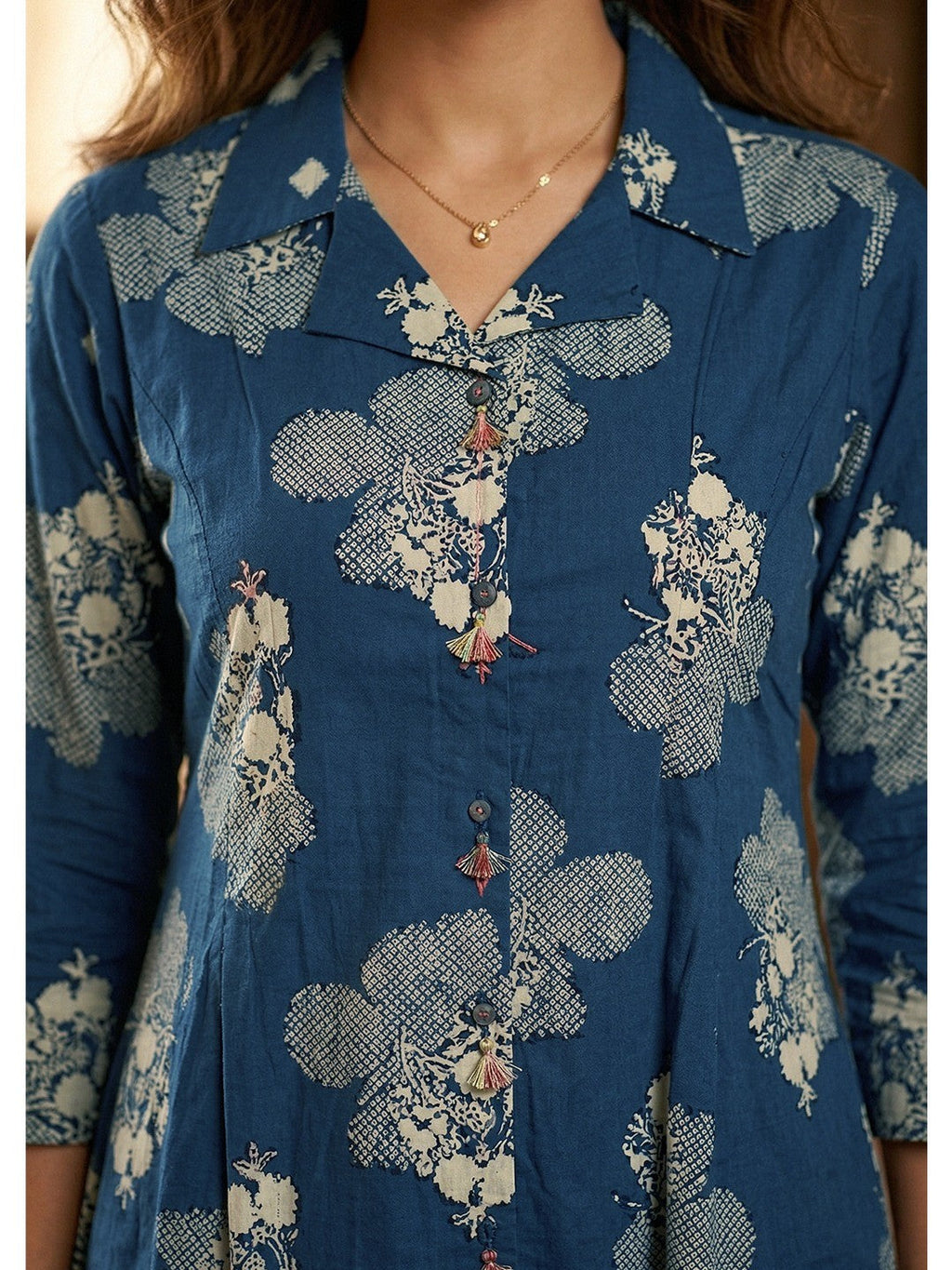 Blue Pure Cotton A-Line Top and Bottom Set with Subtle Floral Prints