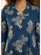 Blue Pure Cotton A-Line Top and Bottom Set with Subtle Floral Prints