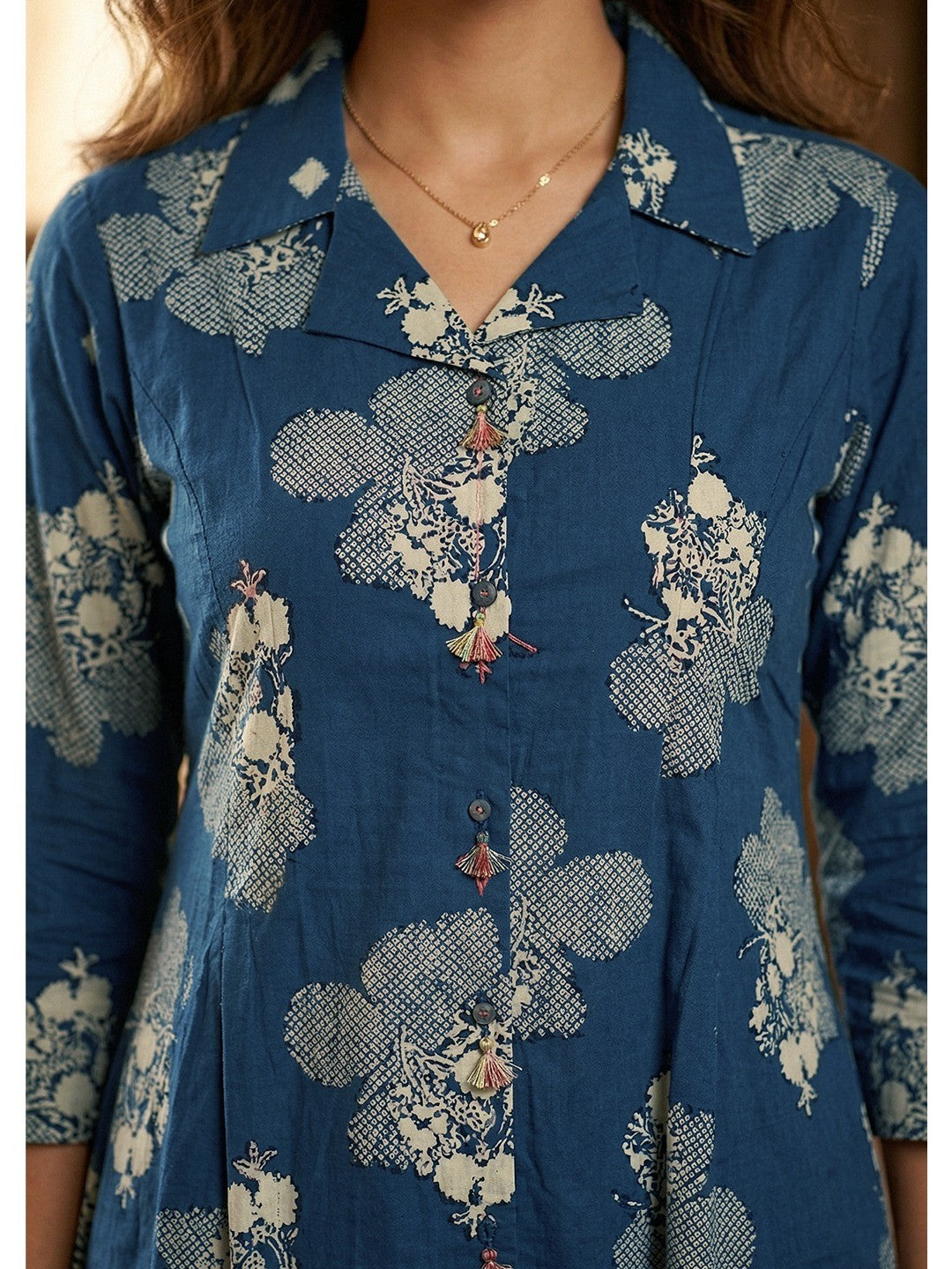 Blue Pure Cotton A-Line Top and Bottom Set with Subtle Floral Prints