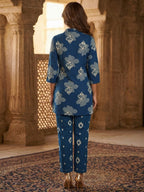Blue Pure Cotton A-Line Top and Bottom Set with Subtle Floral Prints