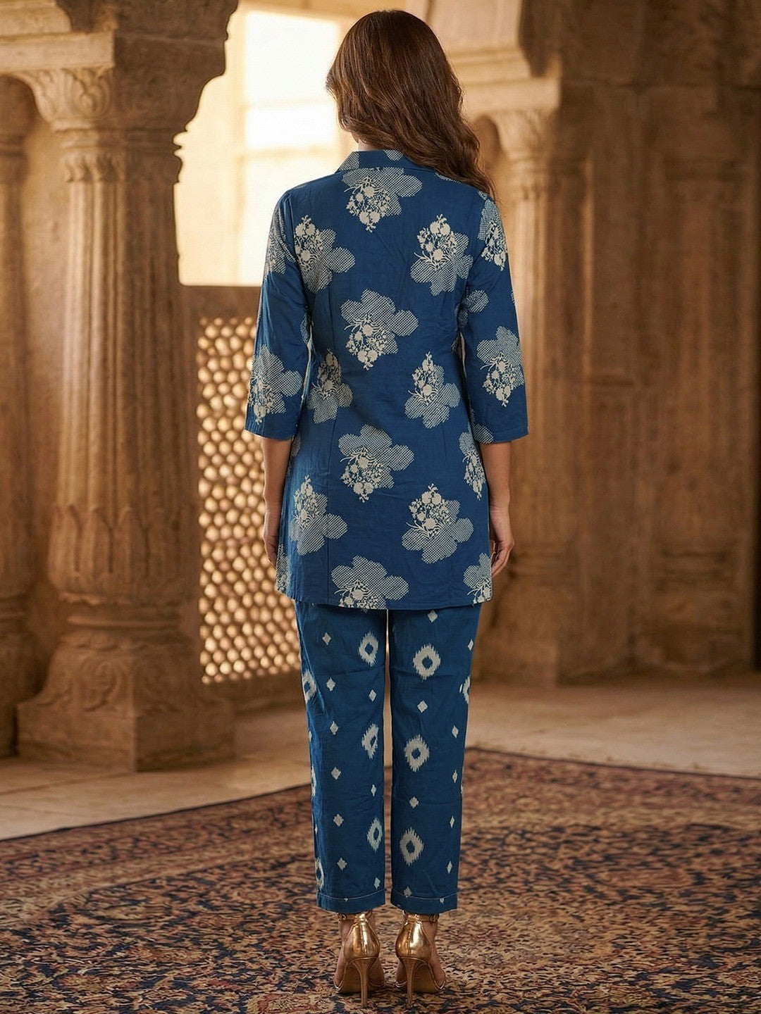 Blue Pure Cotton A-Line Top and Bottom Set with Subtle Floral Prints