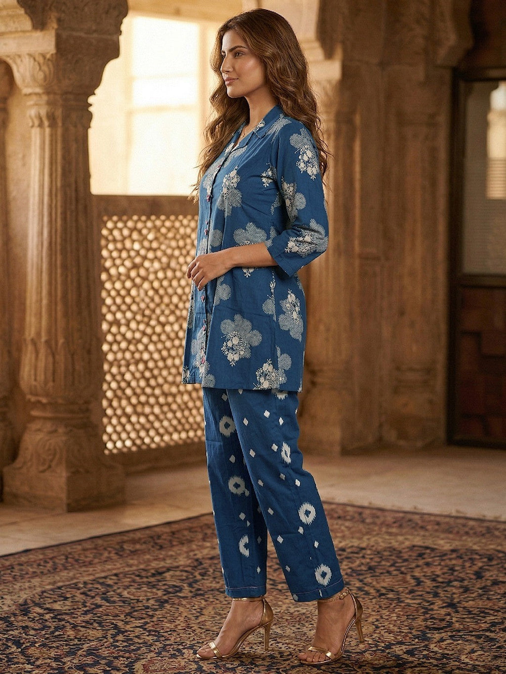 Blue Pure Cotton A-Line Top and Bottom Set with Subtle Floral Prints