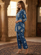 Blue Pure Cotton A-Line Top and Bottom Set with Subtle Floral Prints