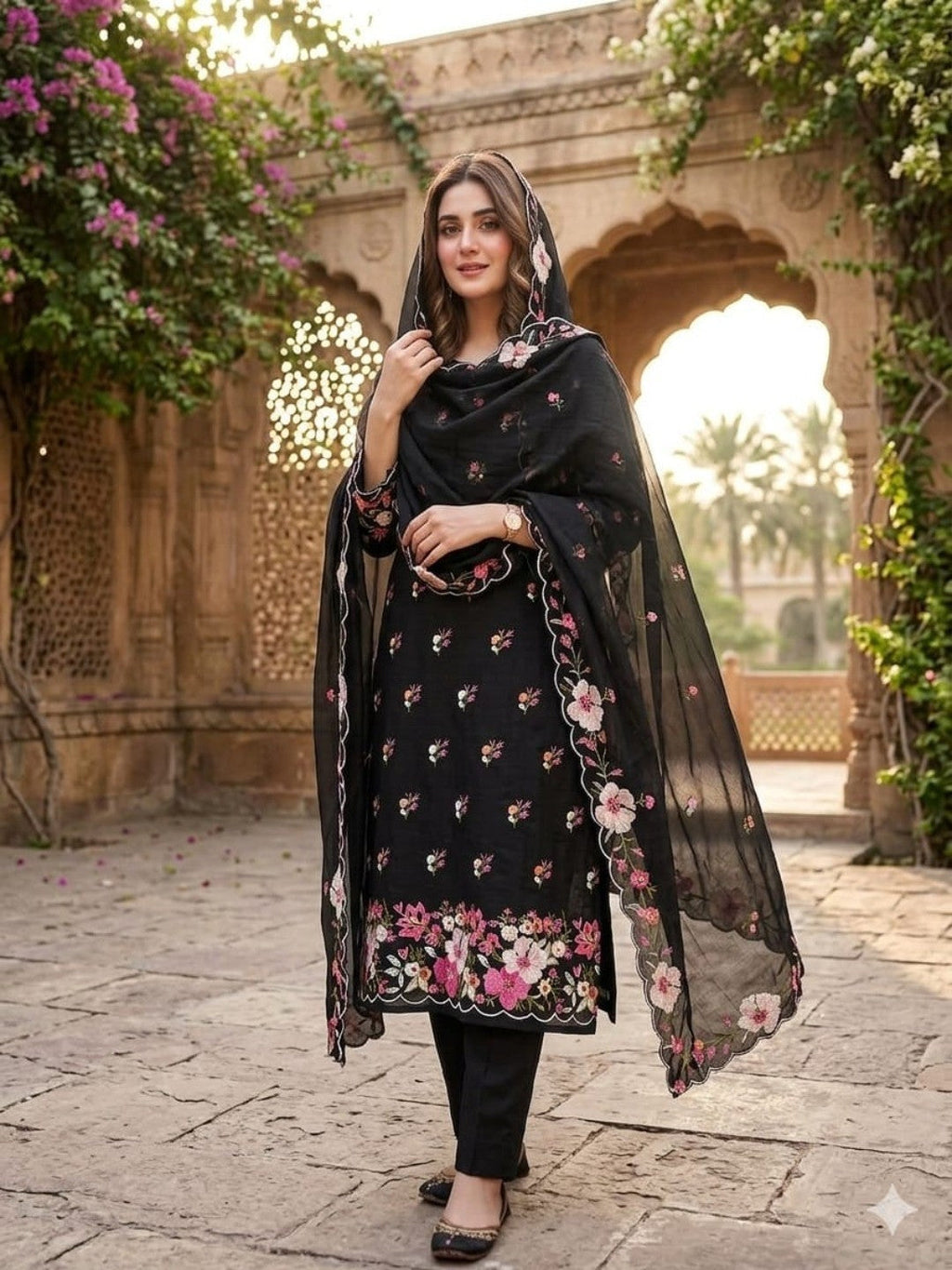 Classic Black Floral Thread Embroidered Roman Art Silk Dress Material Adorned With Sequins Work