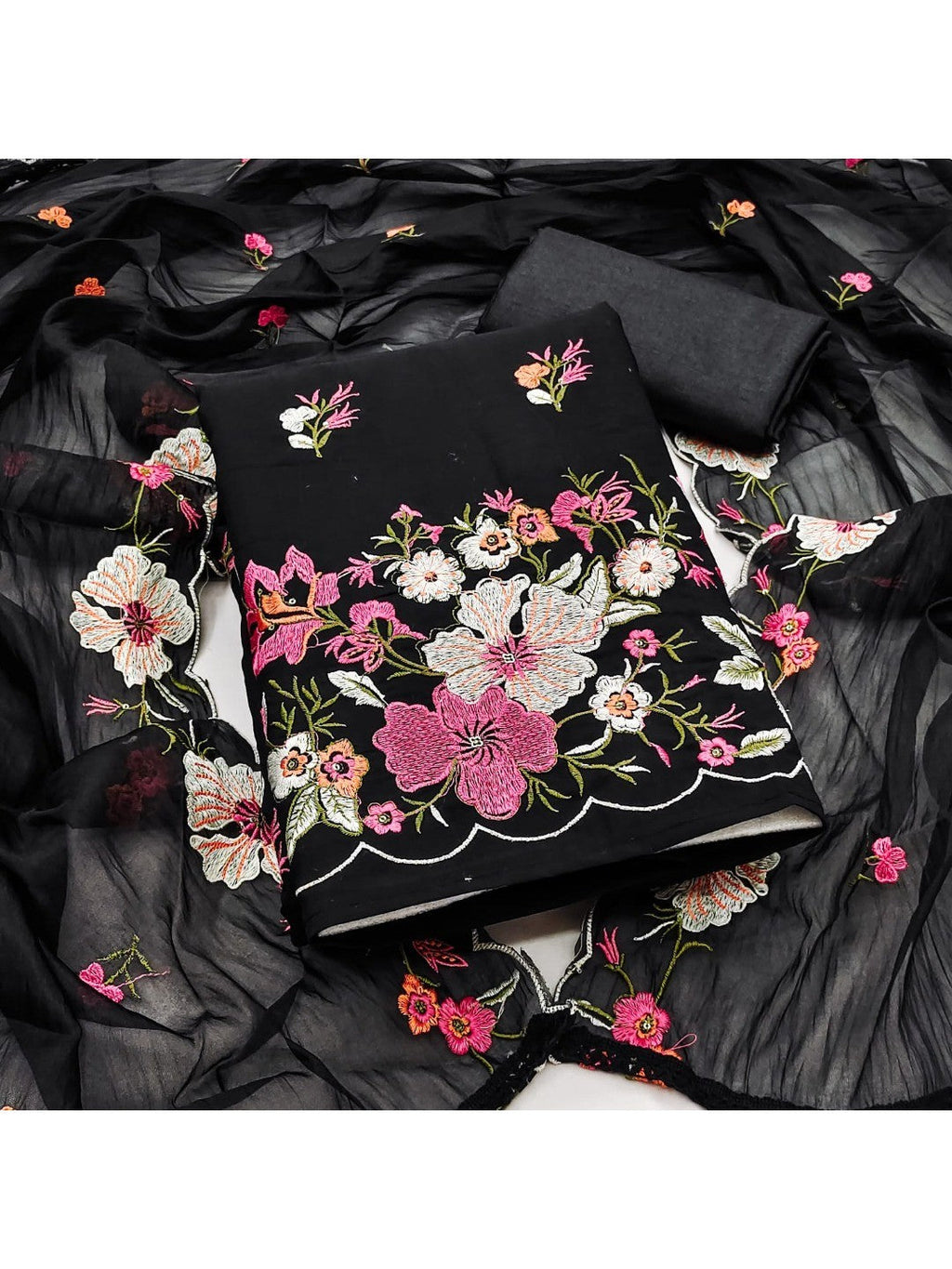 Classic Black Floral Thread Embroidered Roman Art Silk Dress Material Adorned With Sequins Work