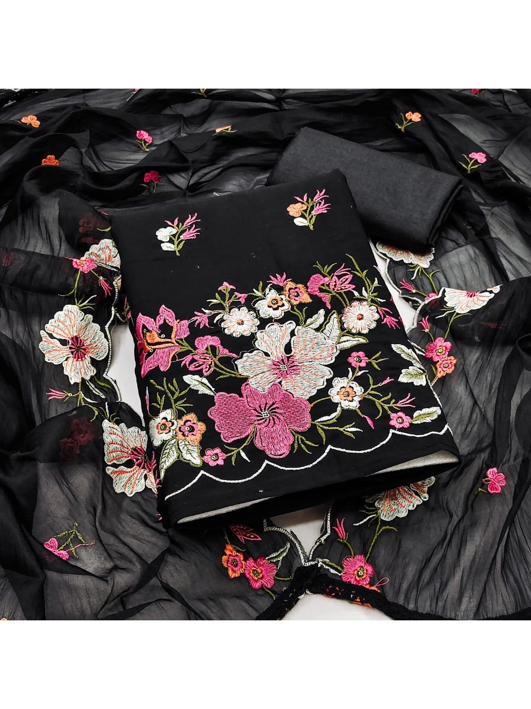 Classic Black Floral Thread Embroidered Roman Art Silk Dress Material Adorned With Sequins Work