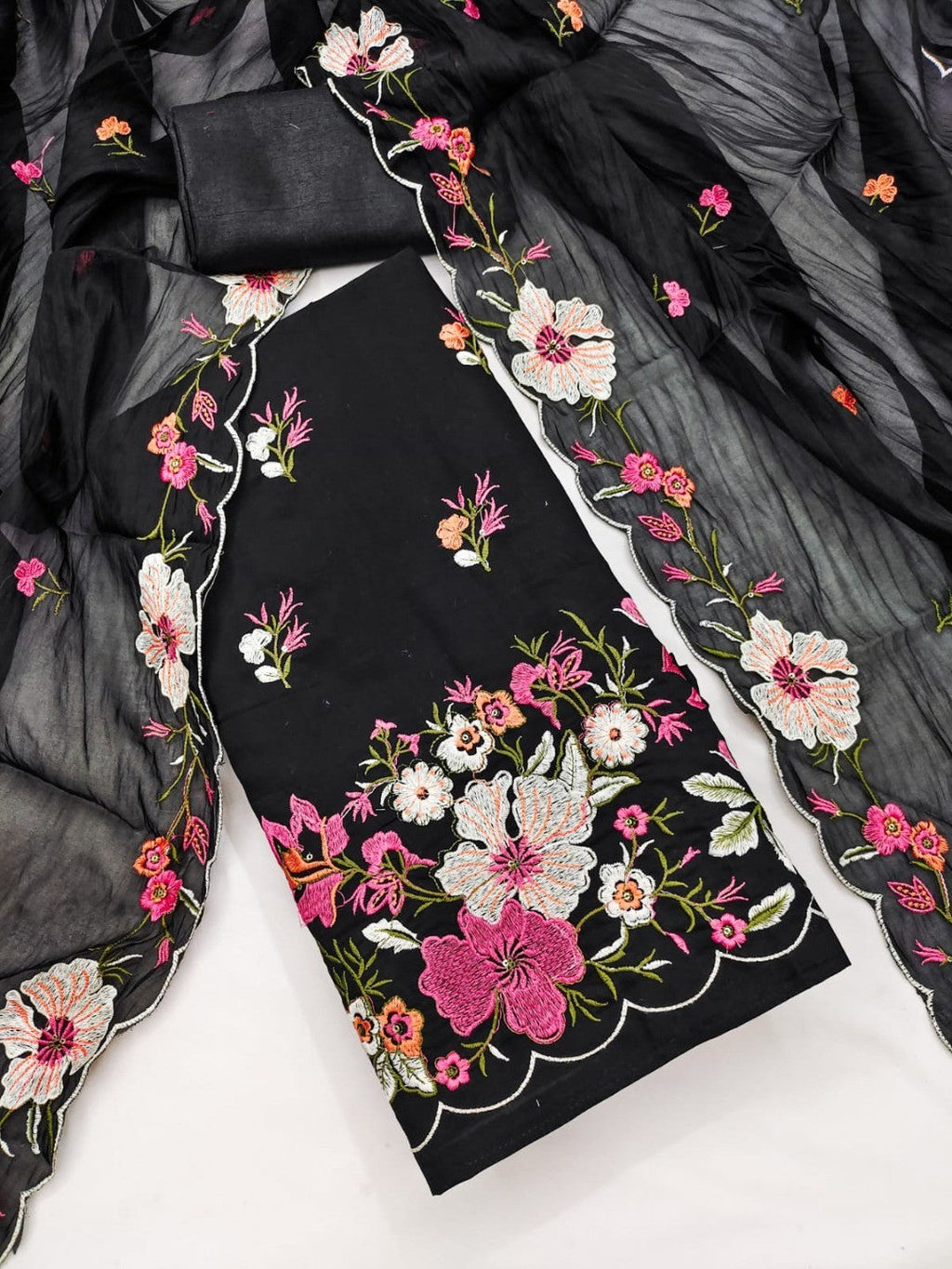 Classic Black Floral Thread Embroidered Roman Art Silk Dress Material Adorned With Sequins Work