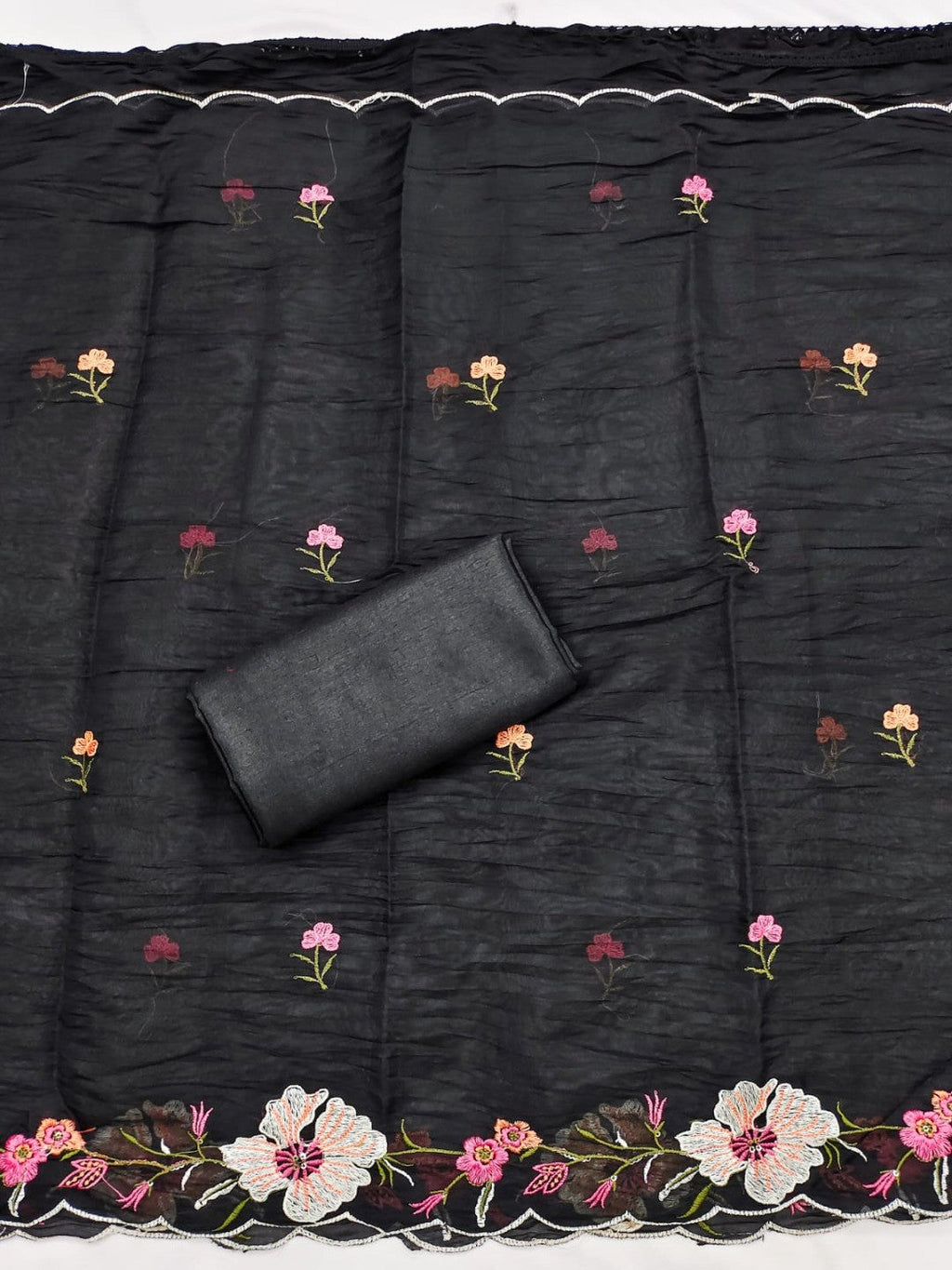 Classic Black Floral Thread Embroidered Roman Art Silk Dress Material Adorned With Sequins Work