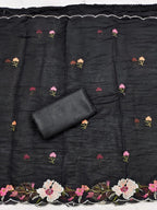 Classic Black Floral Thread Embroidered Roman Art Silk Dress Material Adorned With Sequins Work