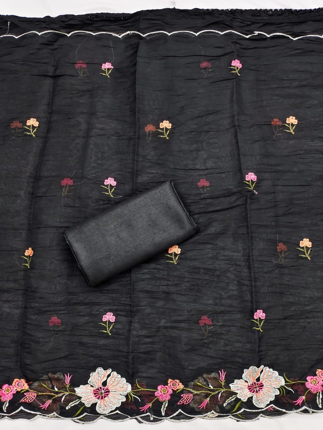 Classic Black Floral Thread Embroidered Roman Art Silk Dress Material Adorned With Sequins Work