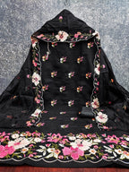 Classic Black Floral Thread Embroidered Roman Art Silk Dress Material Adorned With Sequins Work