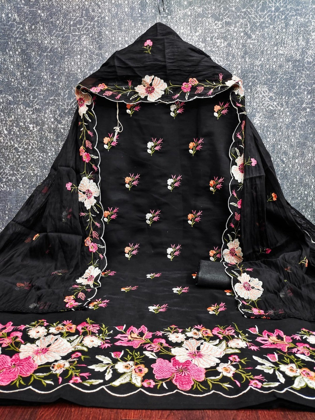 Classic Black Floral Thread Embroidered Roman Art Silk Dress Material Adorned With Sequins Work
