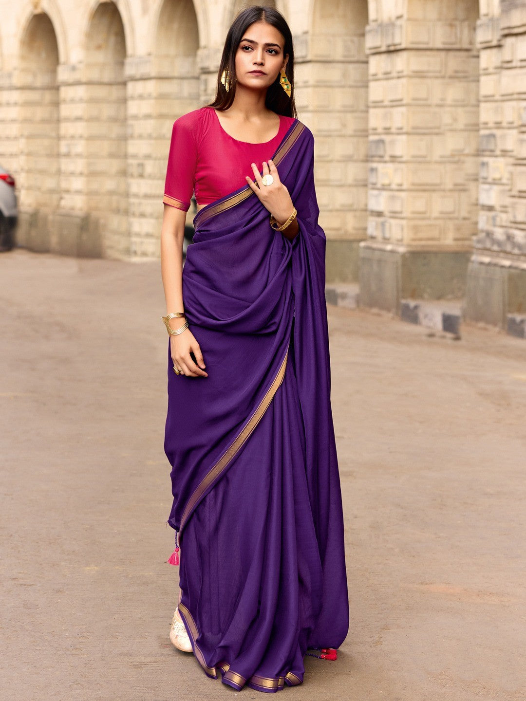 Charming Purple Solid Mulmul Cotton Saree Highlighted By Zari Weaving Border & Tassel Pallu