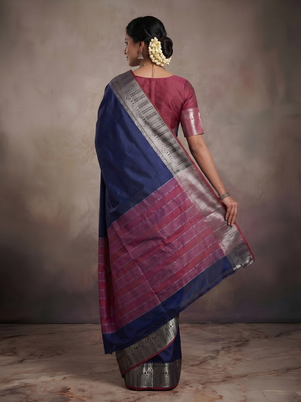 Navy Blue Kanjivaram Silk Saree with Classic Weave and Silver Zari Border