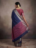 Navy Blue Kanjivaram Silk Saree with Classic Weave and Silver Zari Border