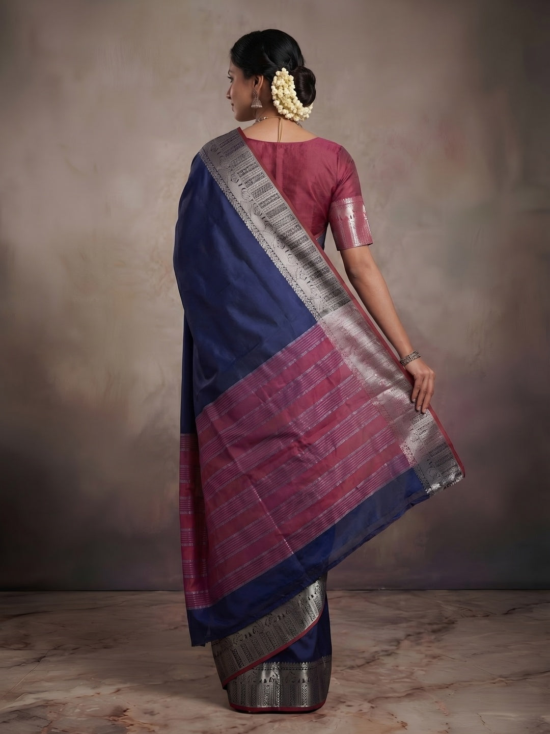 Navy Blue Kanjivaram Silk Saree with Classic Weave and Silver Zari Border
