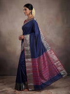 Navy Blue Kanjivaram Silk Saree with Classic Weave and Silver Zari Border