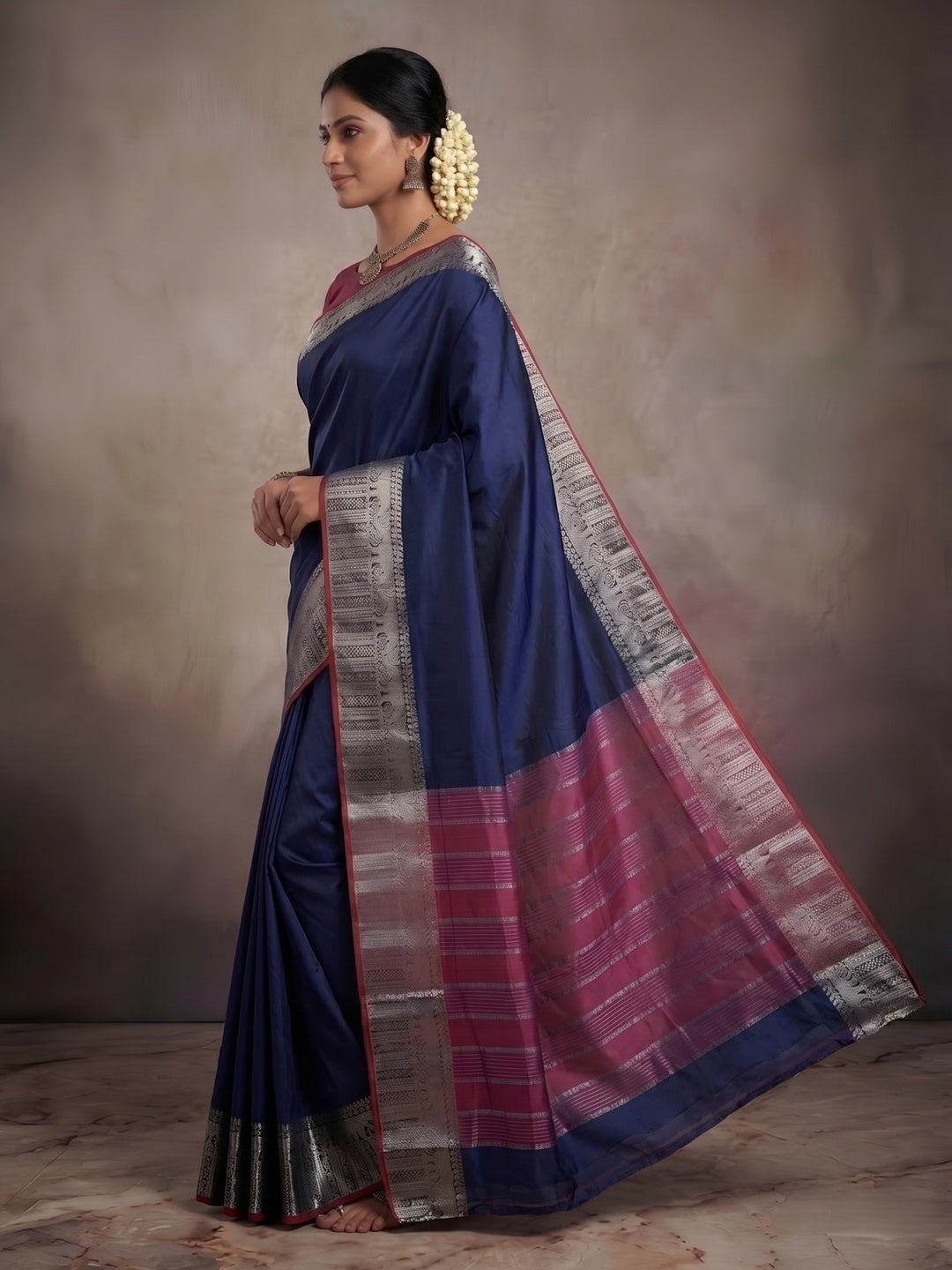 Navy Blue Kanjivaram Silk Saree with Classic Weave and Silver Zari Border