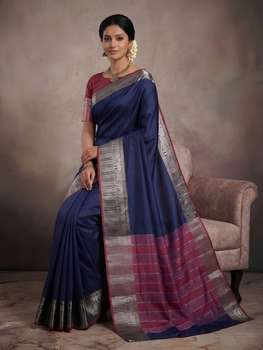 Navy Blue Kanjivaram Silk Saree with Classic Weave and Silver Zari Border