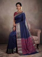Navy Blue Kanjivaram Silk Saree with Classic Weave and Silver Zari Border