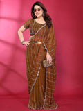 Radiant Brown Striped Pattern Satin Silk Saree Featuring Intricate Sequins & Beads Embellishment