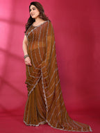 Radiant Brown Striped Pattern Satin Silk Saree Featuring Intricate Sequins & Beads Embellishment