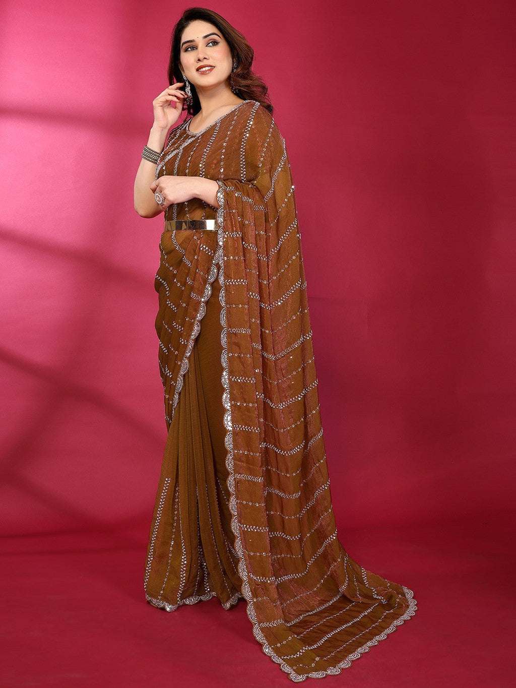 Radiant Brown Striped Pattern Satin Silk Saree Featuring Intricate Sequins & Beads Embellishment