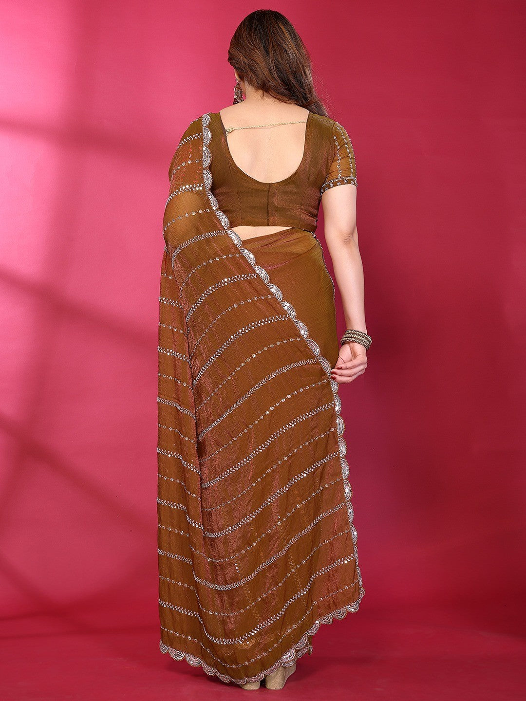 Radiant Brown Striped Pattern Satin Silk Saree Featuring Intricate Sequins & Beads Embellishment