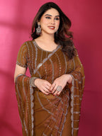 Radiant Brown Striped Pattern Satin Silk Saree Featuring Intricate Sequins & Beads Embellishment