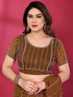 Radiant Brown Striped Pattern Satin Silk Saree Featuring Intricate Sequins & Beads Embellishment
