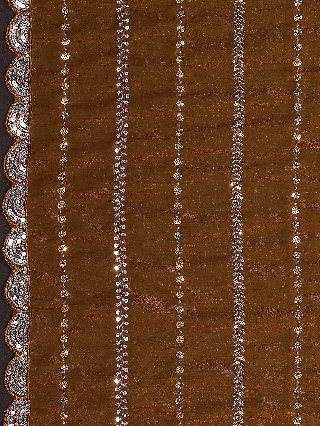 Radiant Brown Striped Pattern Satin Silk Saree Featuring Intricate Sequins & Beads Embellishment