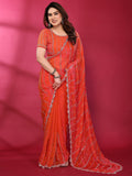 Radiant Gajari Pink Striped Pattern Satin Silk Saree Featuring Intricate Sequins & Beads Embellishment