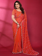 Radiant Gajari Pink Striped Pattern Satin Silk Saree Featuring Intricate Sequins & Beads Embellishment