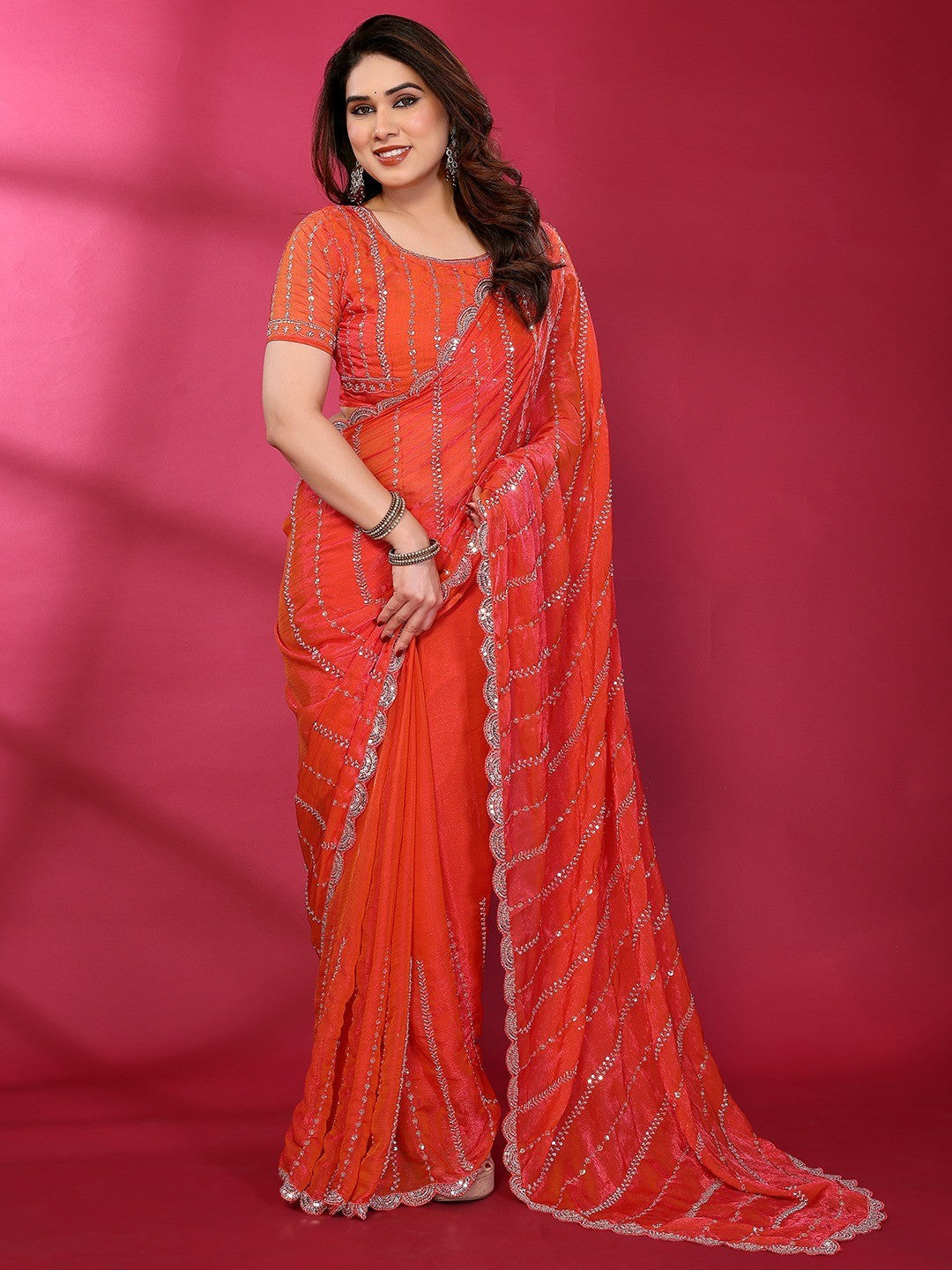 Radiant Gajari Pink Striped Pattern Satin Silk Saree Featuring Intricate Sequins & Beads Embellishment