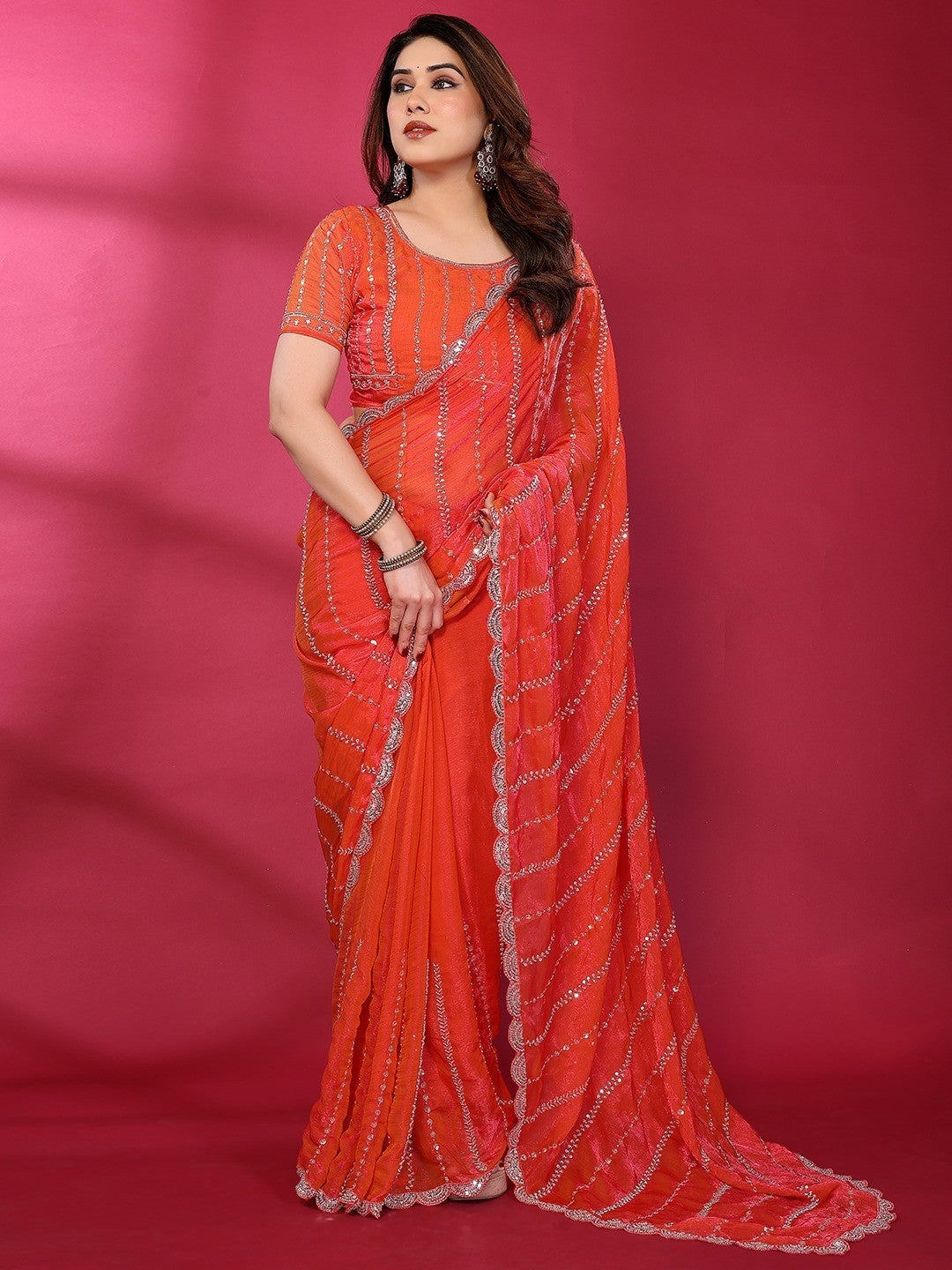 Radiant Gajari Pink Striped Pattern Satin Silk Saree Featuring Intricate Sequins & Beads Embellishment