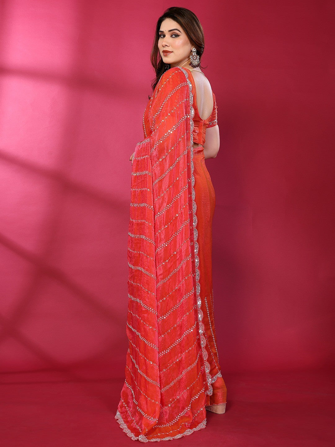 Radiant Gajari Pink Striped Pattern Satin Silk Saree Featuring Intricate Sequins & Beads Embellishment