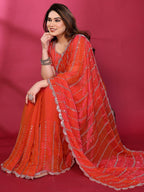 Radiant Gajari Pink Striped Pattern Satin Silk Saree Featuring Intricate Sequins & Beads Embellishment